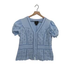Liv Los Angeles Women Sz L Light Blue Eyelet Button Front Puff Sleeve Top